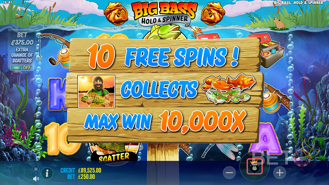在Big Bass Bonanza Hold and Spinner 视频老虎机中赢取 10,000 倍投注额！