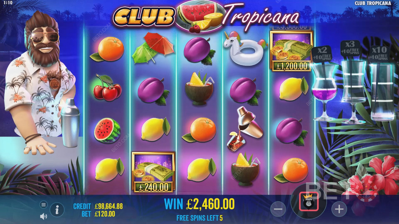 有机会在 Club Tropicana 老虎机的免费旋转游戏中收集金钱符号