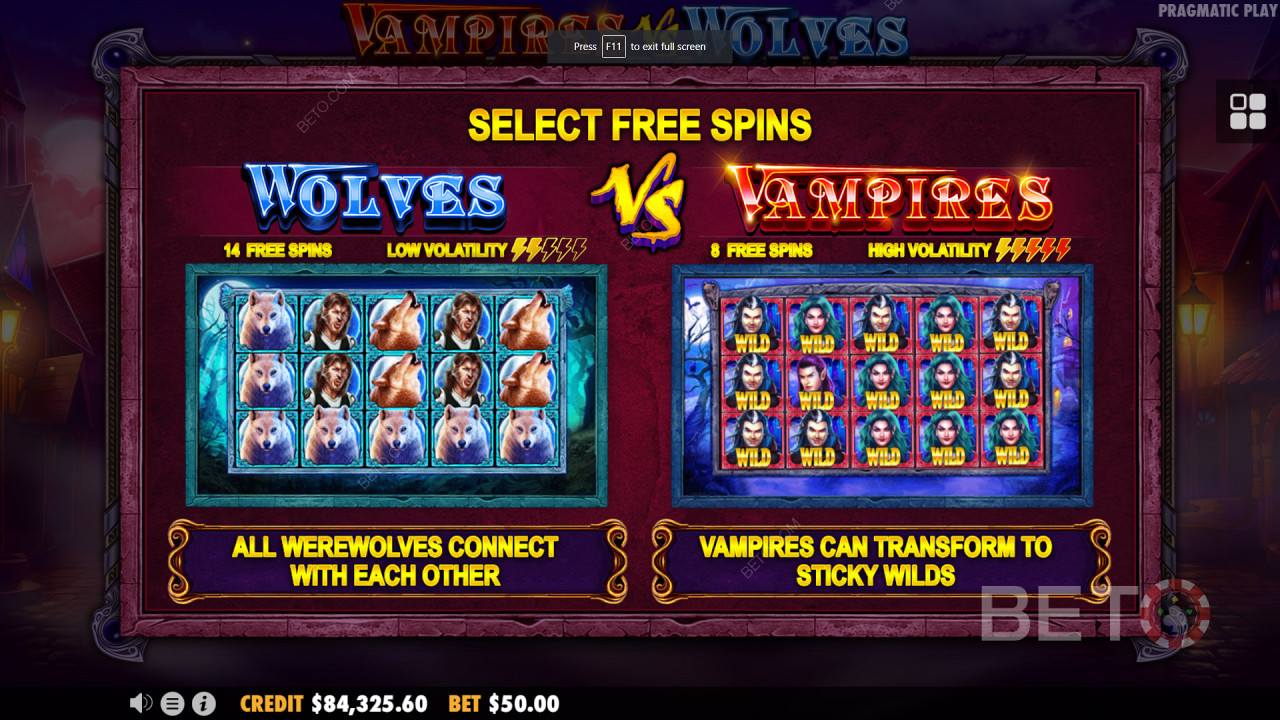 Vampires vs Wolves的双重免费旋转奖励回合