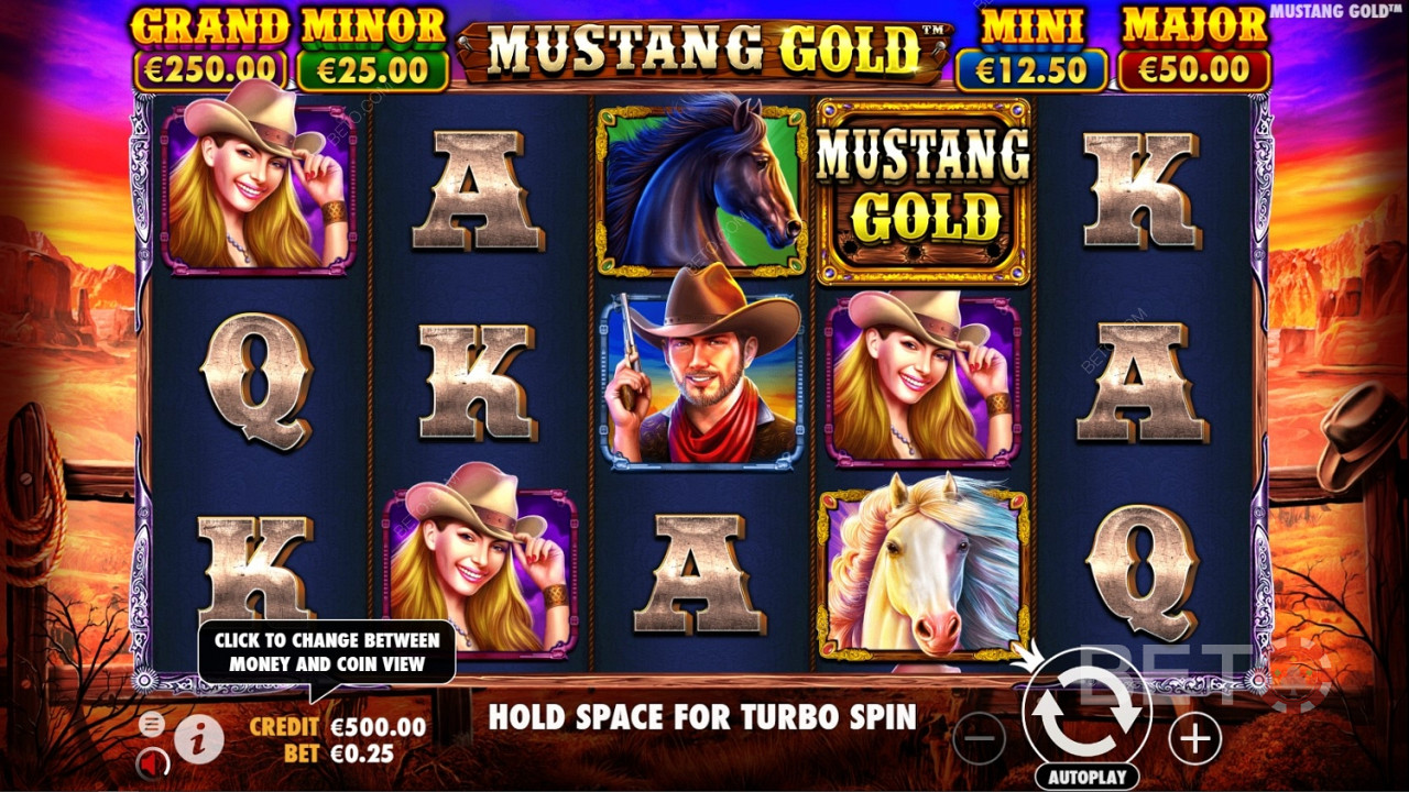 Mustang Gold 在线老虎机中的野生符号是游戏的标志。