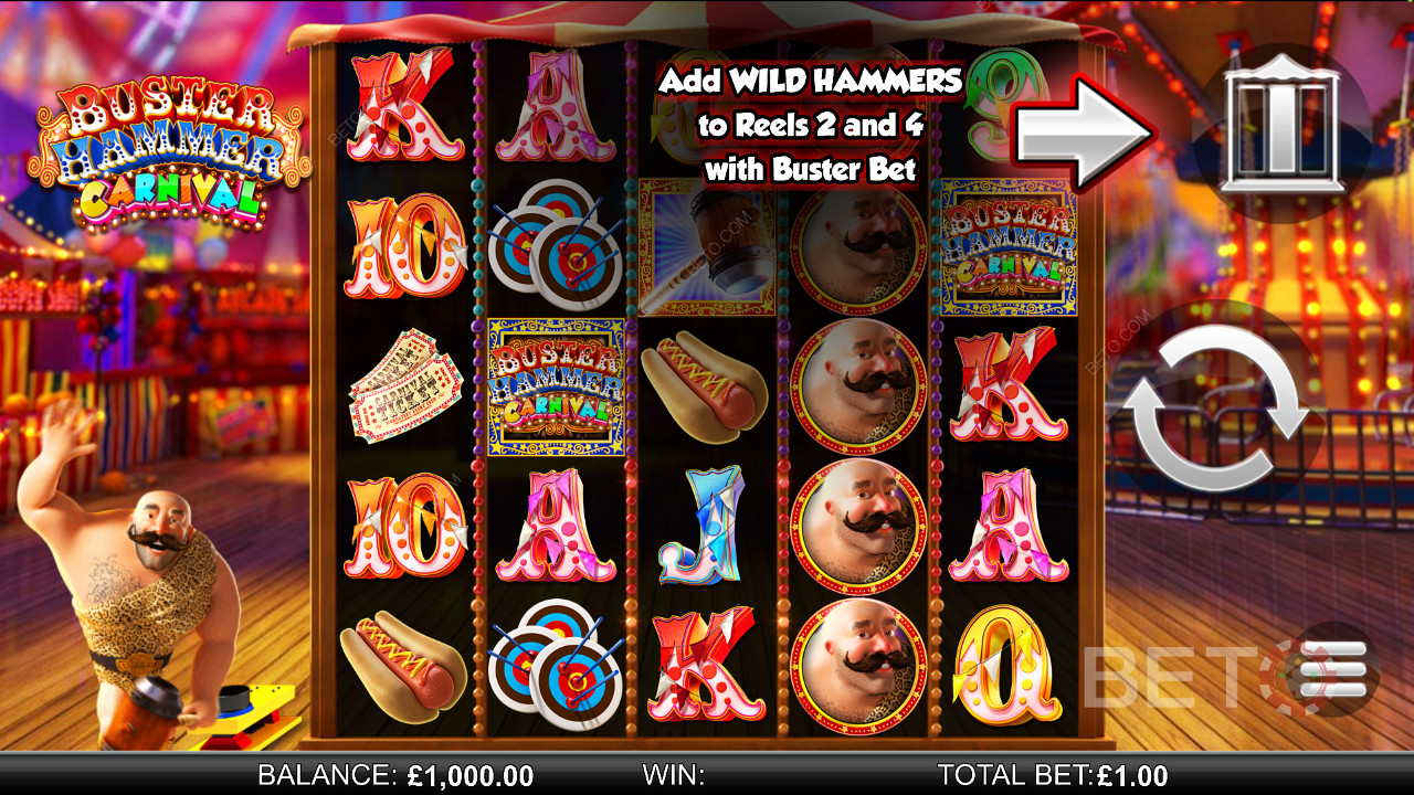 Buster Hammer Carnival - 体验 Mighty Free Spins 和 Gold Wild Hammer 功能 - 来自Reel Play的老虎机