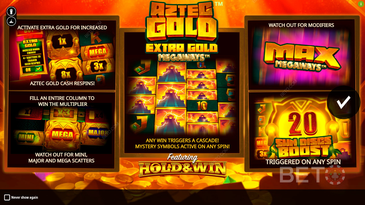 在Aztec Gold Extra Gold Megaways老虎机中享受多种奖励功能