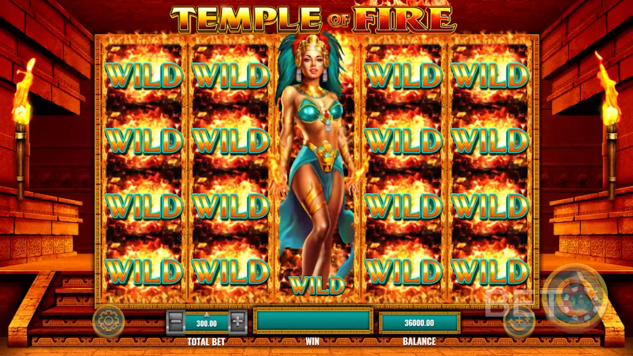 荒野风暴与美丽的阿兹特克女神一起触发免费旋转 - Temple of Fire