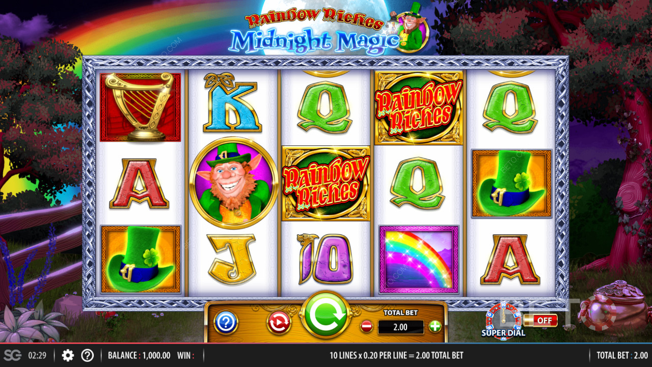 Rainbow Riches Midnight Magic中的 5x3 游戏网格