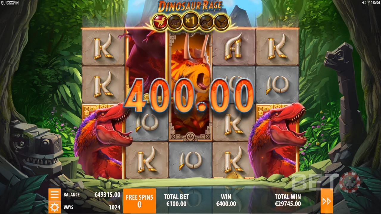 在Dinosaur Rage老虎机中赢得价值 400 枚硬币的胜利