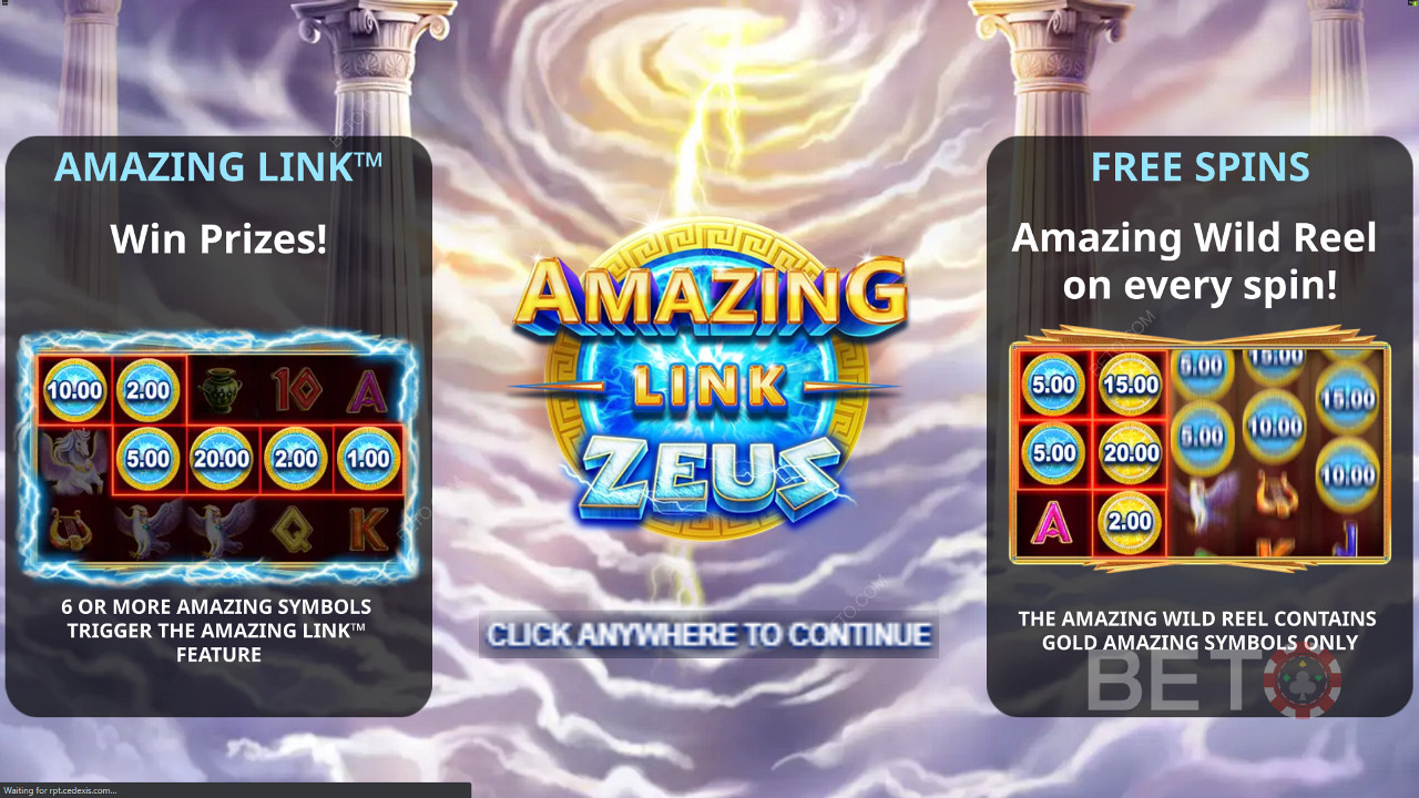 Amazing Link Zeus显示自由旋转奖金的介绍屏幕