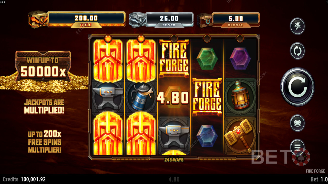 Fire Forge老虎机的最大赢额为您下注的 50,000 倍