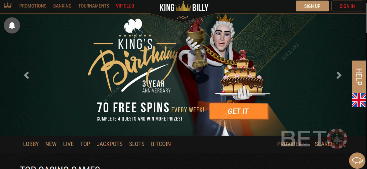 在King Billy赌场获得特别奖金和免费旋转