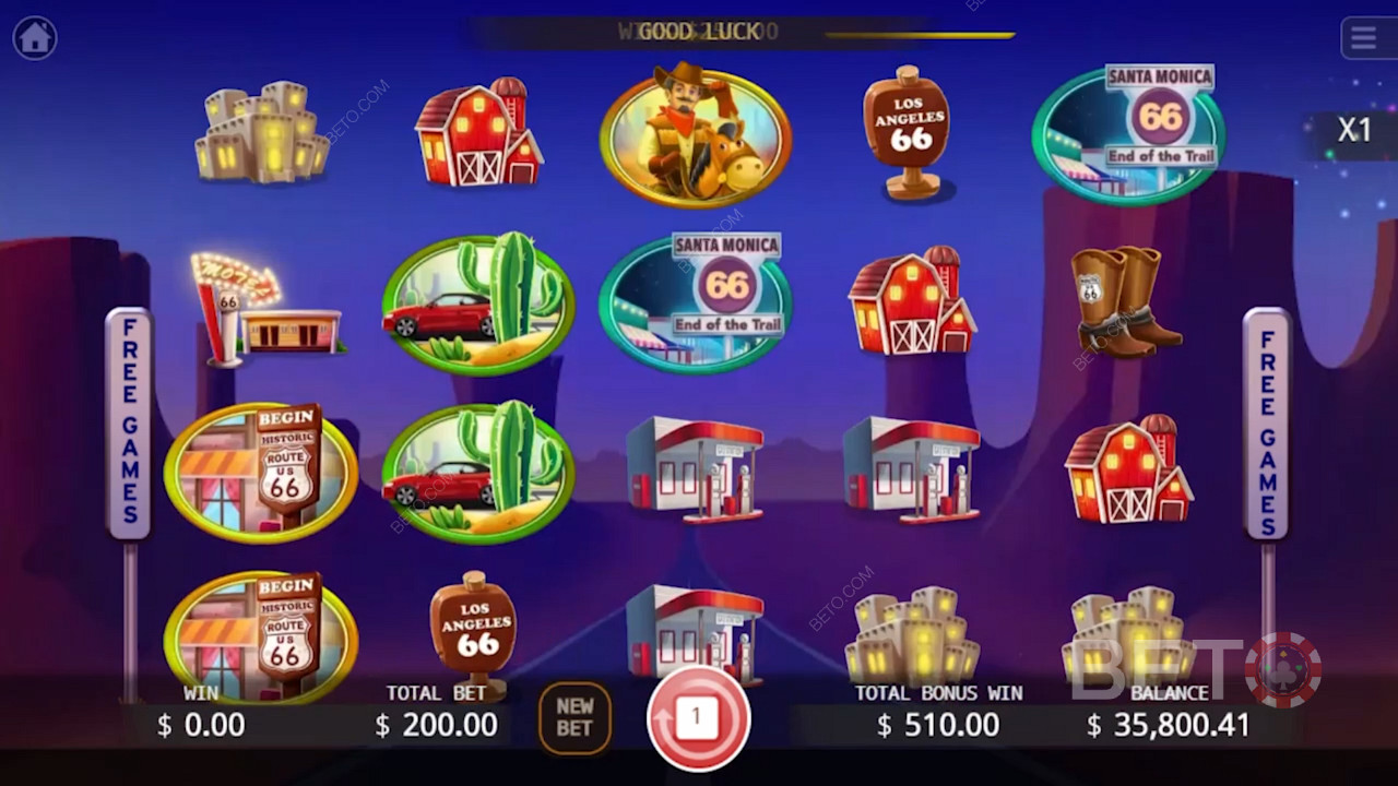选择你喜欢的在线赌场，在Route 66 赌场视频游戏中享受高达20个免费旋转。
