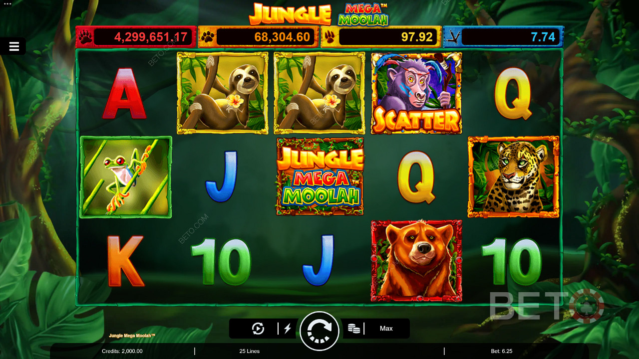 在Jungle Mega Moolah 老虎机中享受倍数Wilds、自由旋转和四个累积奖。