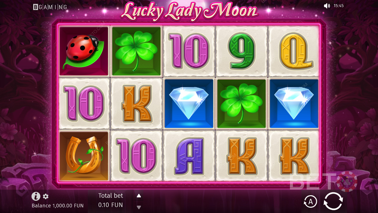 基于幻想主题， Lucky Lady Moon老虎机在 5x3 网格上使用 10 条固定支付线