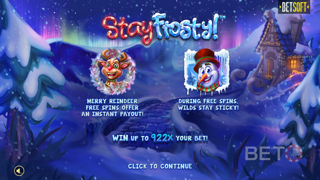 Stay Frosty中的介绍屏幕！ Merry Reindeer Free Spins & Max Win 922x 您的赌注！