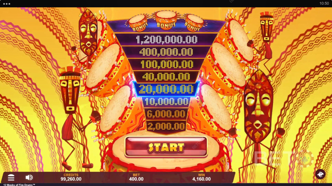 在 12 Masks of Fire Drums 老虎机中赢取 3,125 倍投注额！