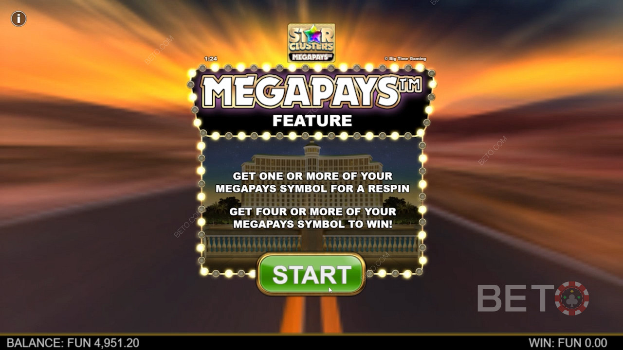 通过 "星团 "Megapays老虎机的Megapays功能赢取累积奖金。