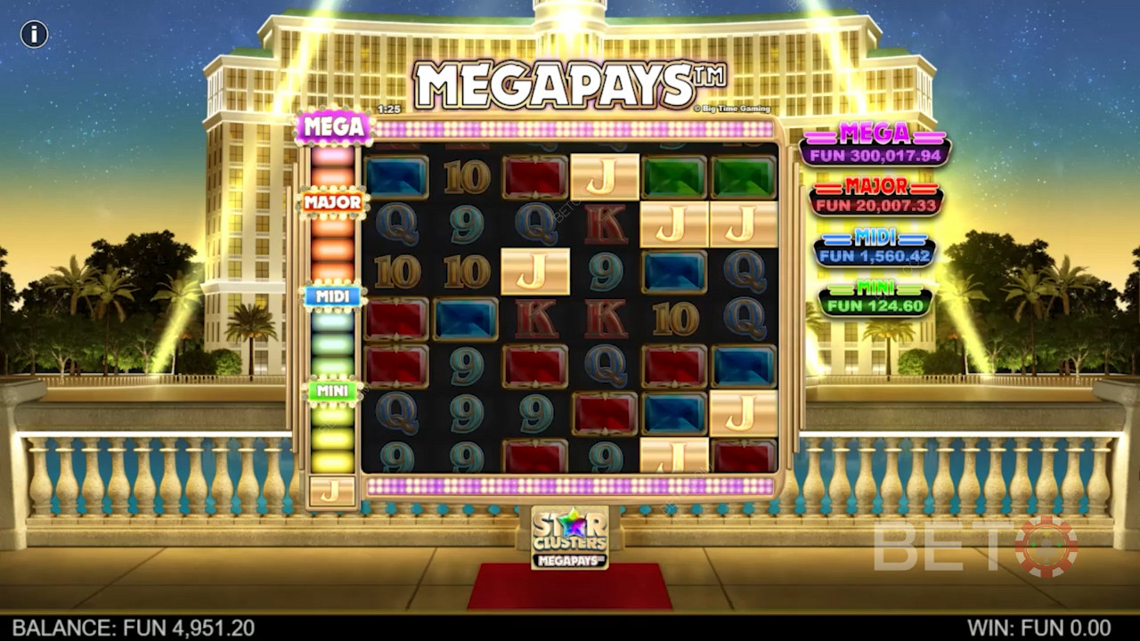 在Star Clusters Megapays老虎机中，至少有4个Megapays符号才能获胜。