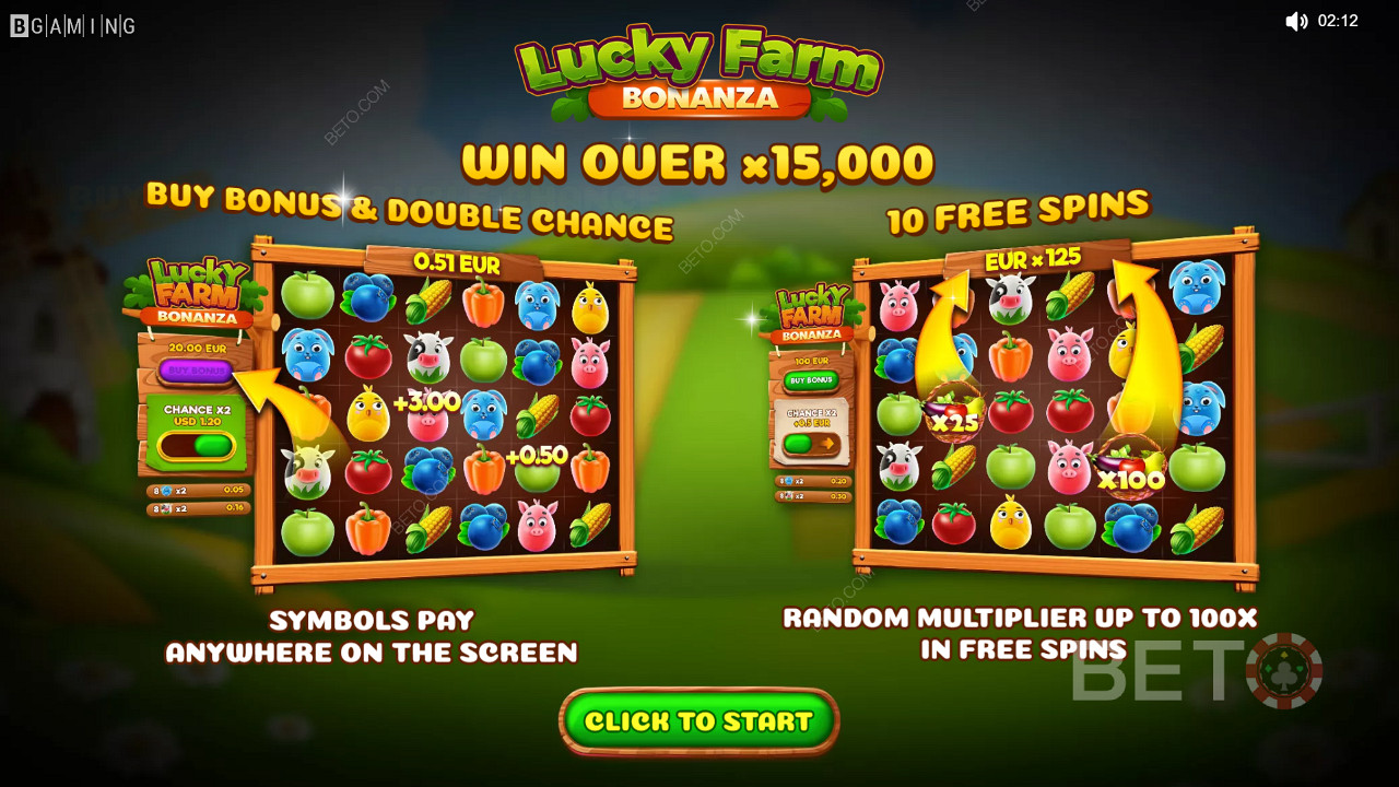 在《幸运农场大亨》赌场游戏中享受乘数、双倍机会和自由旋转。