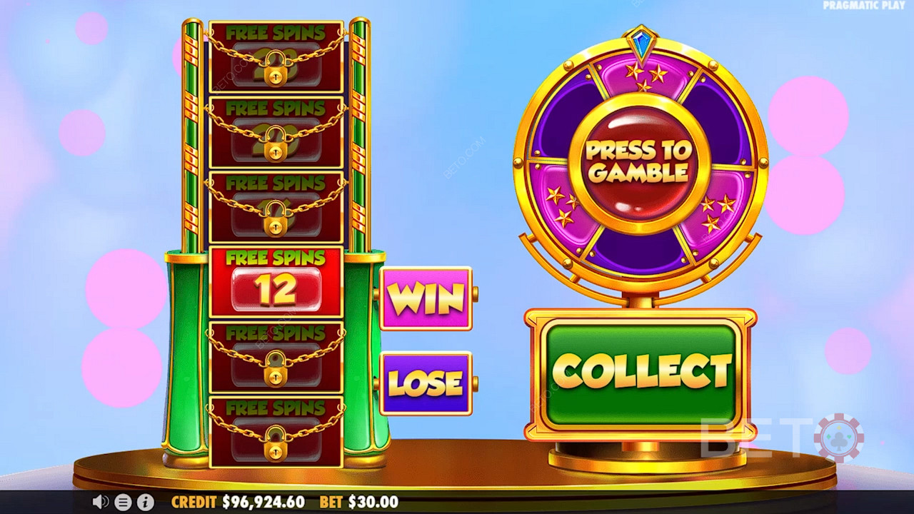 在赌博功能中旋转转盘，以解锁奖金自由旋转。