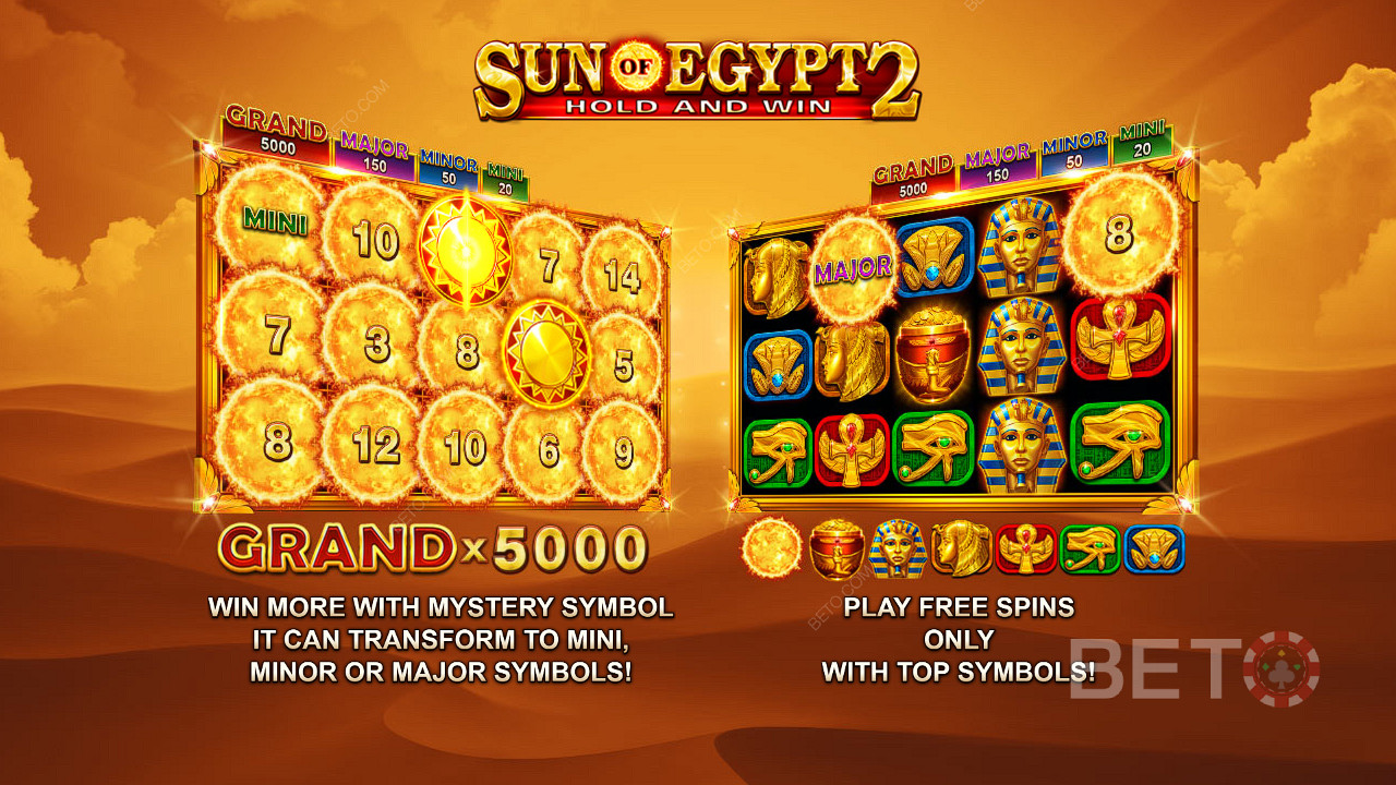 在《埃及太阳2》老虎机中享受价值高达5,000倍于你赌注的奖金和免费旋转。