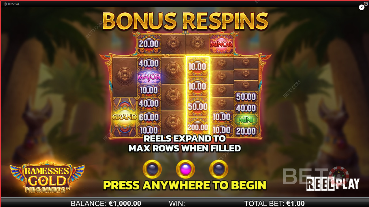 Ramesses Gold Megaways》的奖金功能说明Reel Play