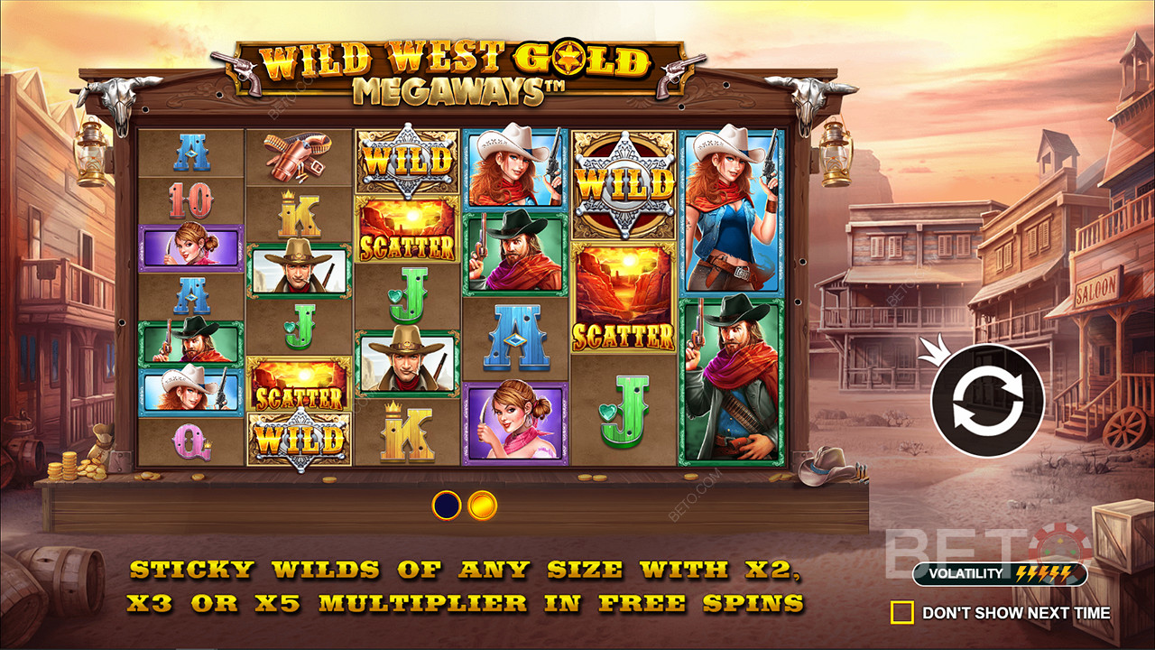 Wild West Gold Megaways老虎机中的粘性Wilds与高达5倍的乘数。