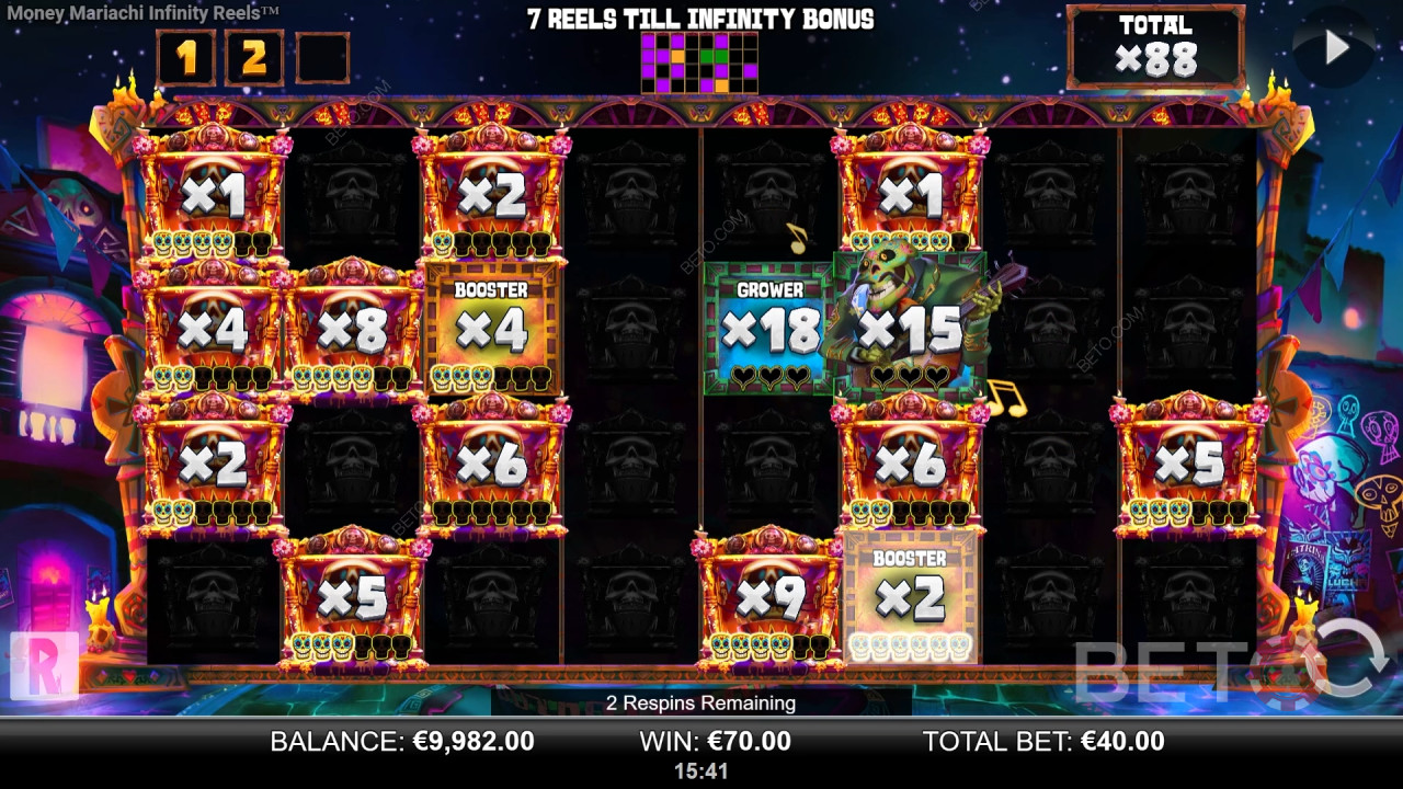 Money Mariachi Fiesta Infinity Reels 中的红利功能说明，由Reel Play