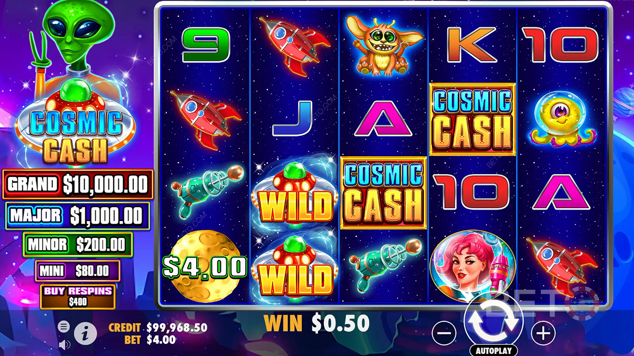 在宇宙现金赌场老虎机的基本游戏中，有大量的野生符号。