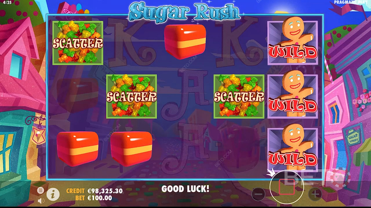 在 "抢糖 "老虎机游戏中至少击中 3 个分散符号，即可激活免费旋转游戏。