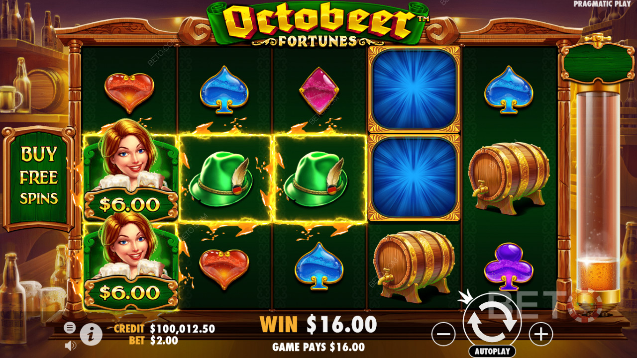在Octobeer Fortunes老虎机的基本游戏中，金钱符号也经常出现。